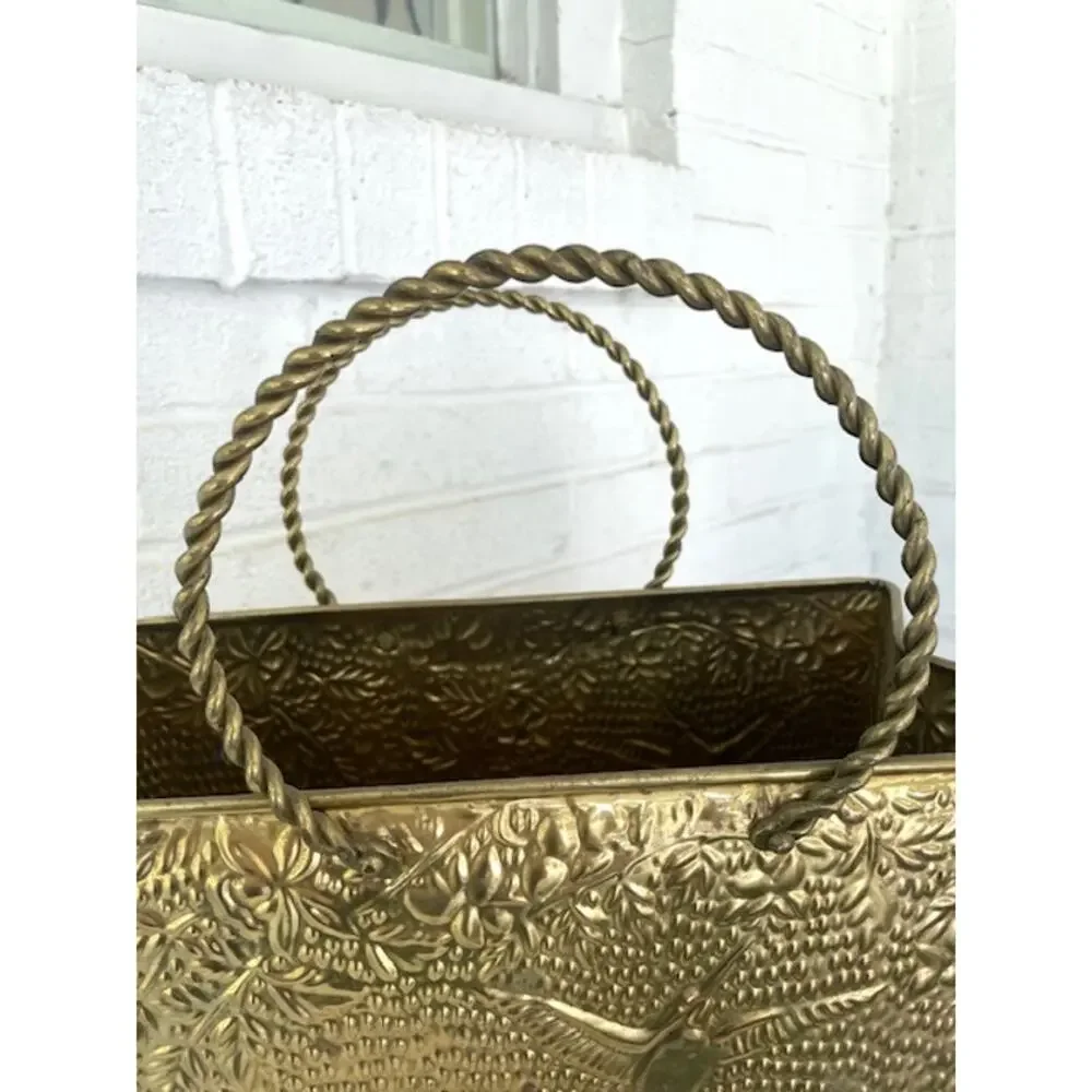 Vintage Embossed Brass Magazine Rack Hummingbird Floral Twisted Handles